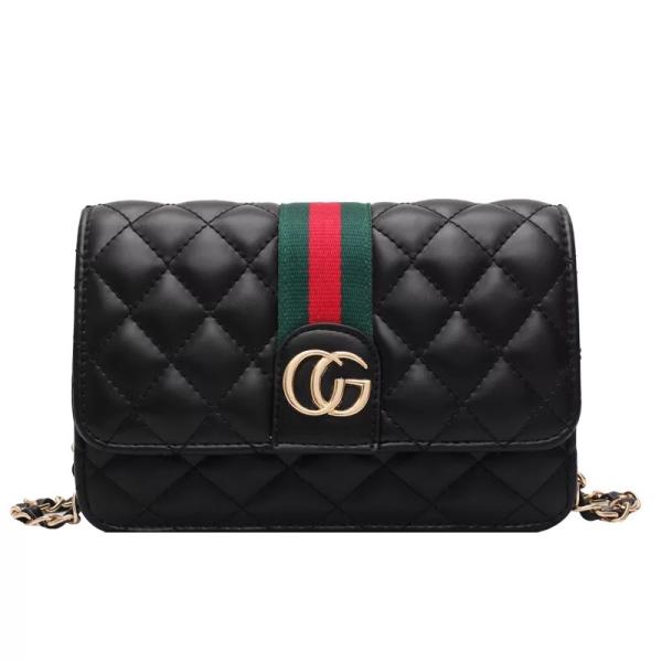 pink quilted shoulder crossbody bag with a gold tone chain strap and gold tone double G style hardware