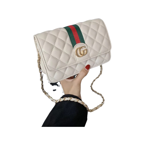 pink quilted shoulder crossbody bag with a gold tone chain strap and gold tone double G style hardware