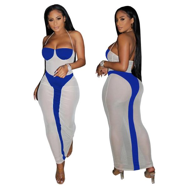 sheer mesh color block halter maxi dress