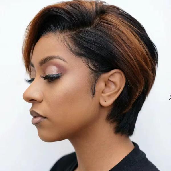 short pixie cut lace  human hair wig-auburn Black highlight