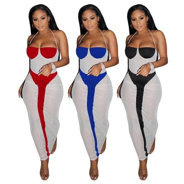 sheer mesh color block halter maxi dress