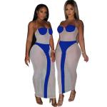 sheer mesh color block halter maxi dress