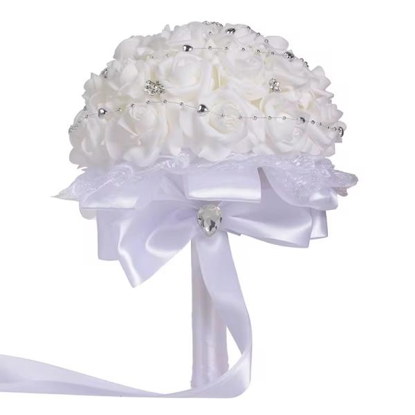 beautiful gold/olive satin rose bouquet with rhinestone butterflies and floral jewelry accents.